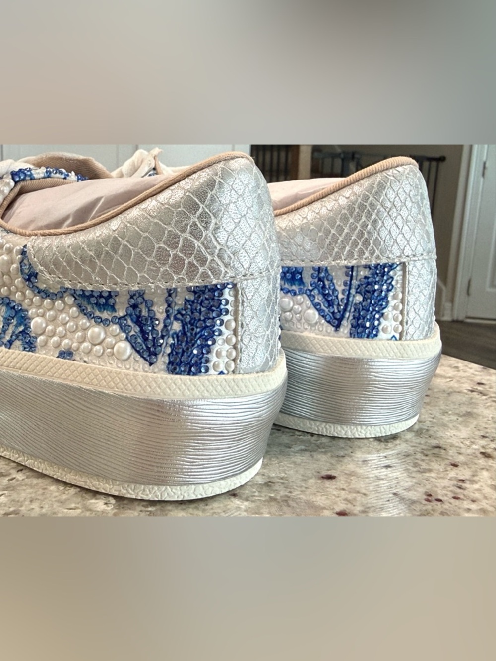 Betsey Johnson White and Blue Beaded Floral "Damon" Sneakers "NEW" - Picture 8 of 17